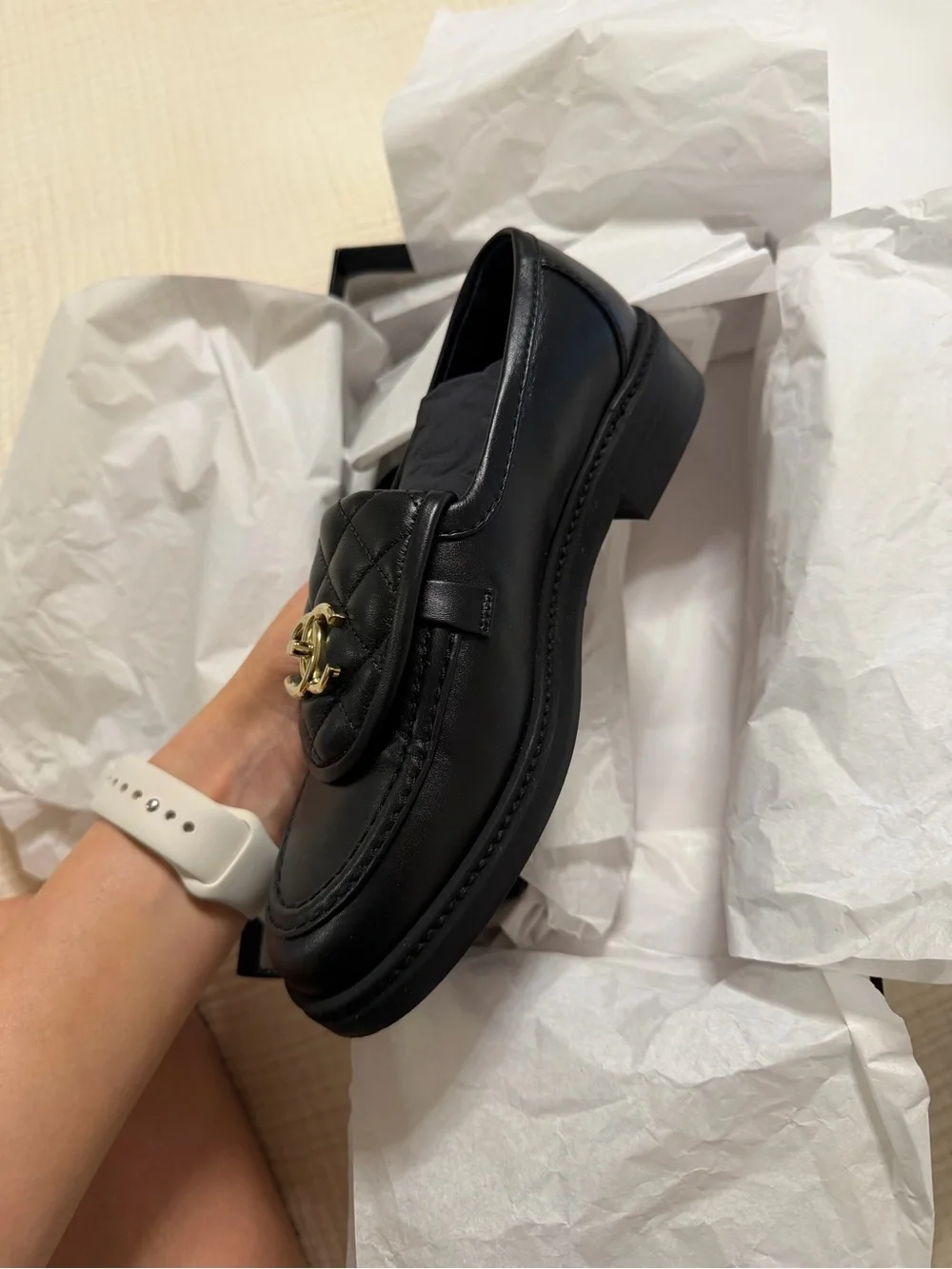 CHANEL Black Quilted Leather Loafers with Gold CC Emblem